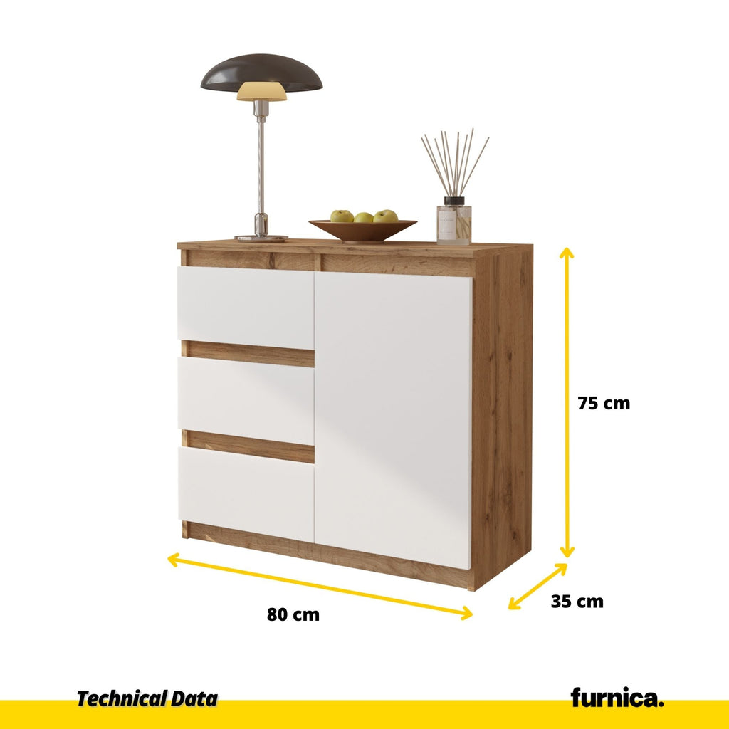 MIKEL - Komoda se 3 šuplíky a 1 dveřmi - Skříň na oblečení do ložnice - Wotan dub / Bílý mat - Výška 75 cm, šířka 80 cm, hloubka 35 cm.