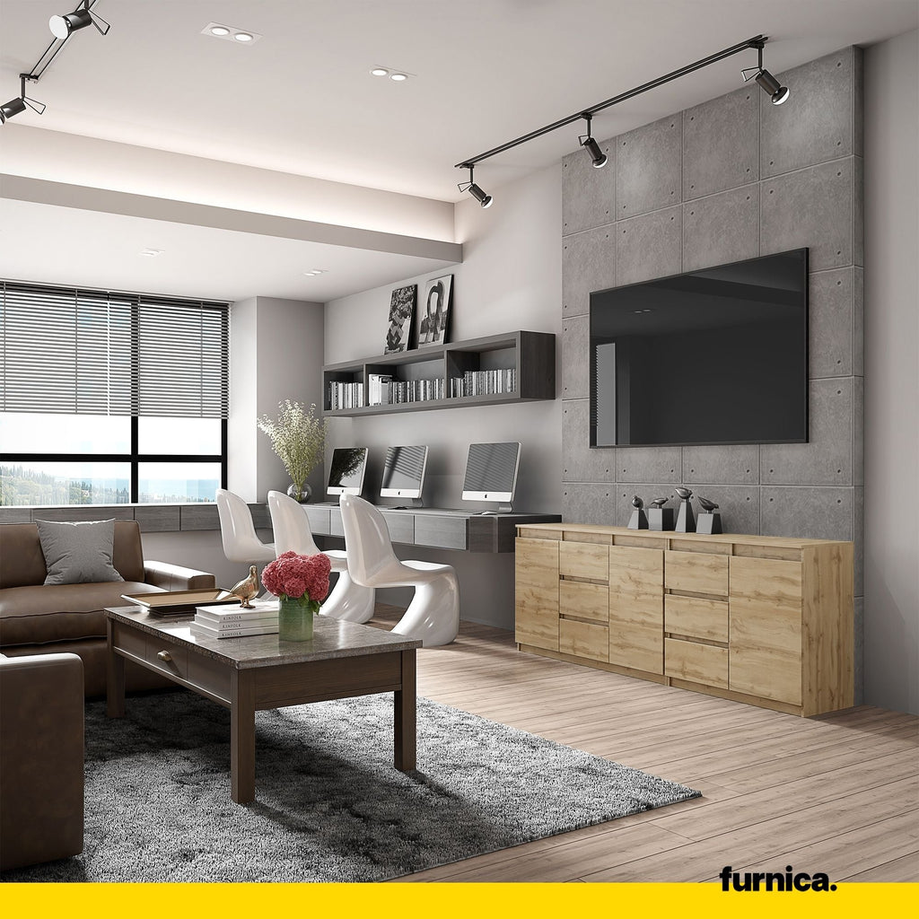 MIKEL - Komoda se 6 šuplíky a 3 dveřmi - Skříň na oblečení do ložnice - Wotan dub - V: 75 cm, Š: 200 cm, H: 35 cm