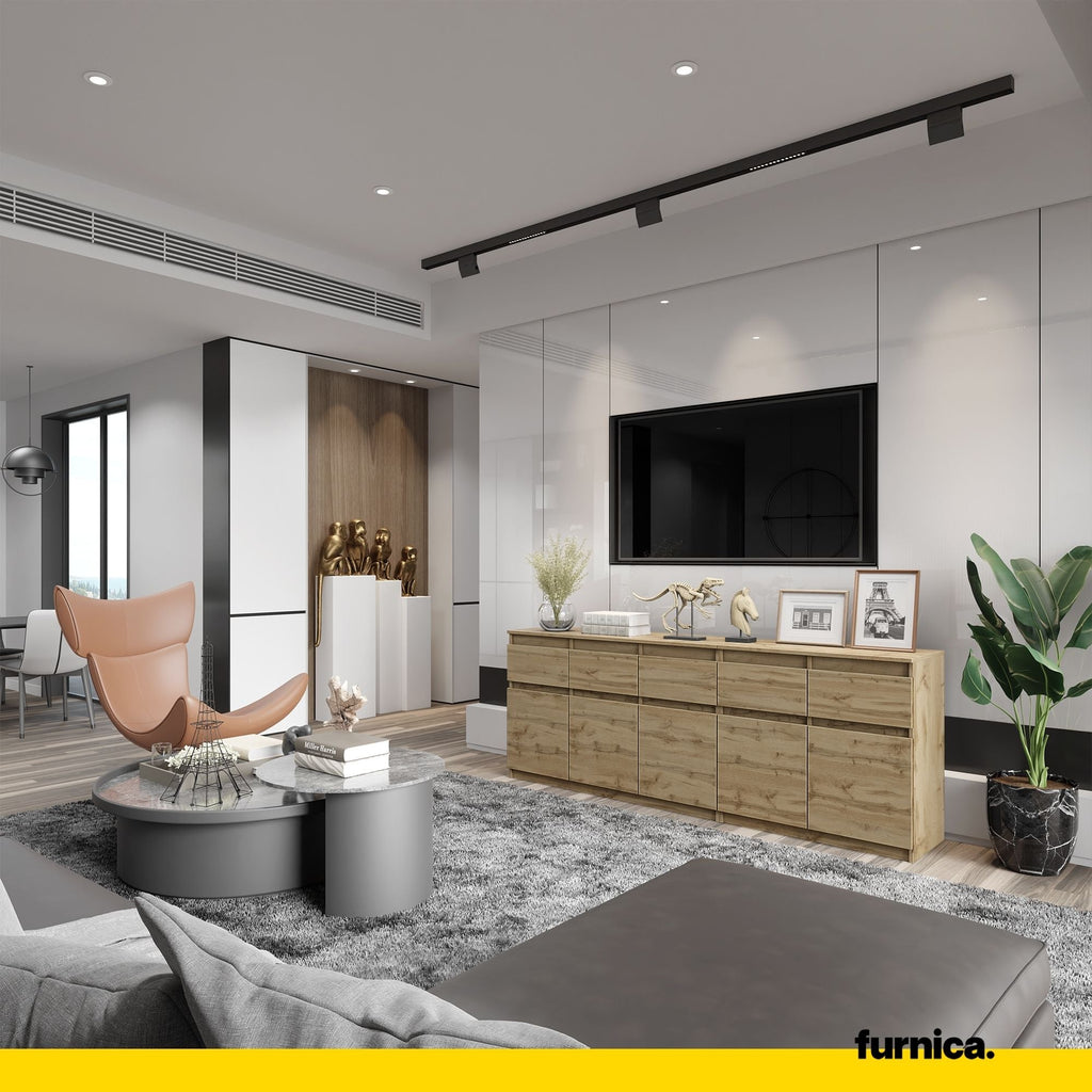 NOAH - Komoda se 5 šuplíky a 5 dveřmi - Skříň na uložení oblečení do ložnice - Wotan dub - V: 75 cm, Š: 200 cm, H: 35 cm