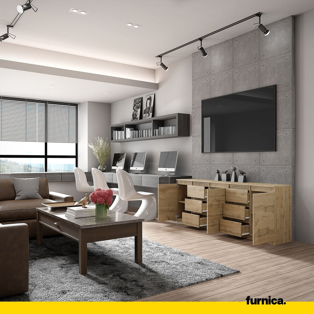 MIKEL - Komoda se 6 šuplíky a 3 dveřmi - Skříň na oblečení do ložnice - Wotan dub - V: 75 cm, Š: 200 cm, H: 35 cm