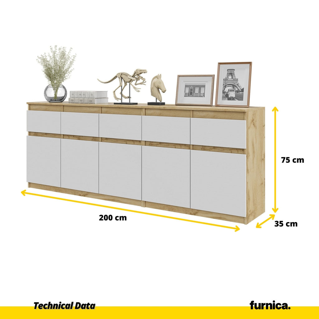 NOAH - Komoda se 5 šuplíky a 5 dveřmi - Skříň na uložení oblečení do ložnice - Wotan dub / bílý matný povrch - V: 75 cm, Š: 200 cm, H: 35 cm