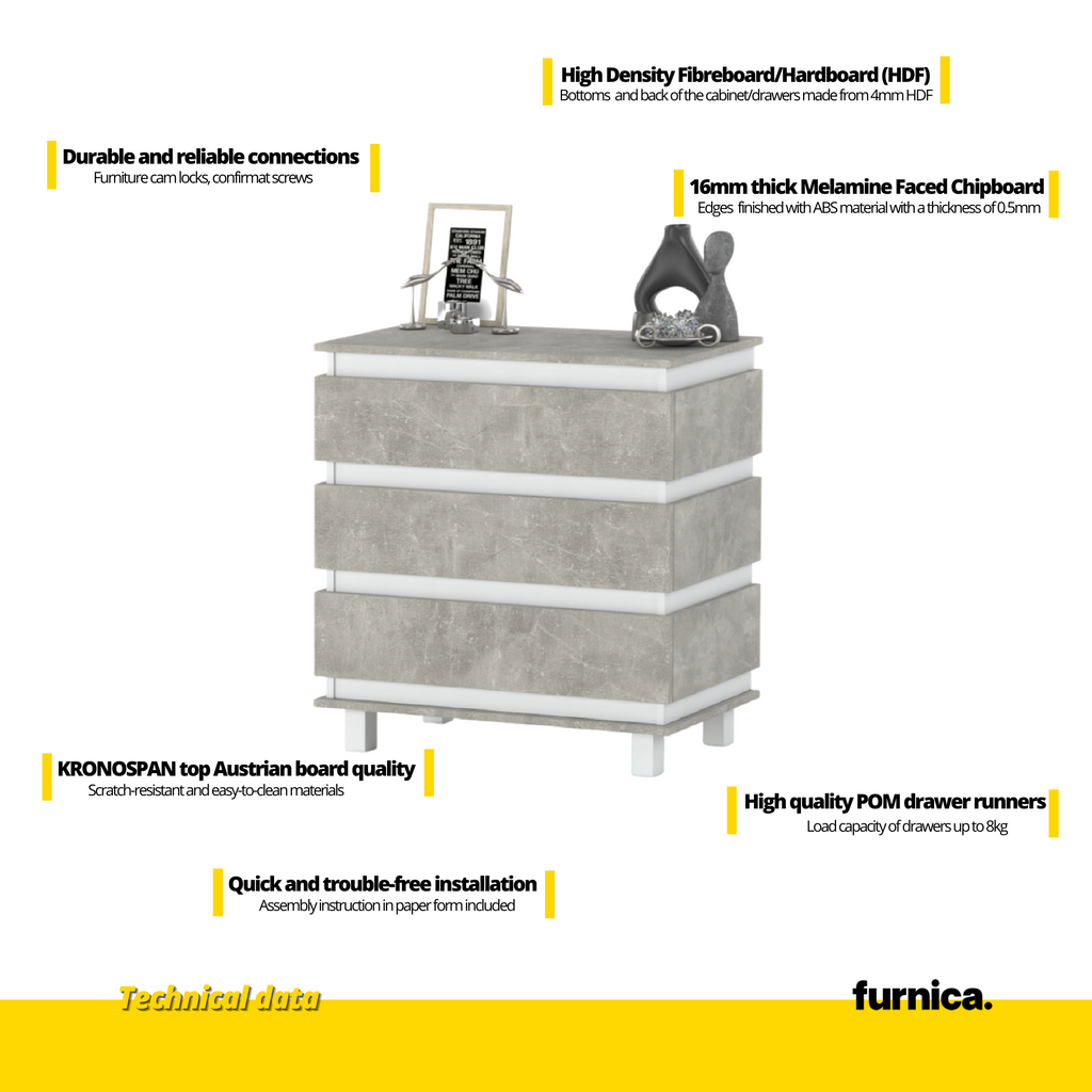 MARGARET - Komoda se 3 zásuvkami - Skříň na oblečení do ložnice - Bílý mat / Betonový vzhled - Výška 86 cm, šířka 83 cm, hloubka 44 cm.