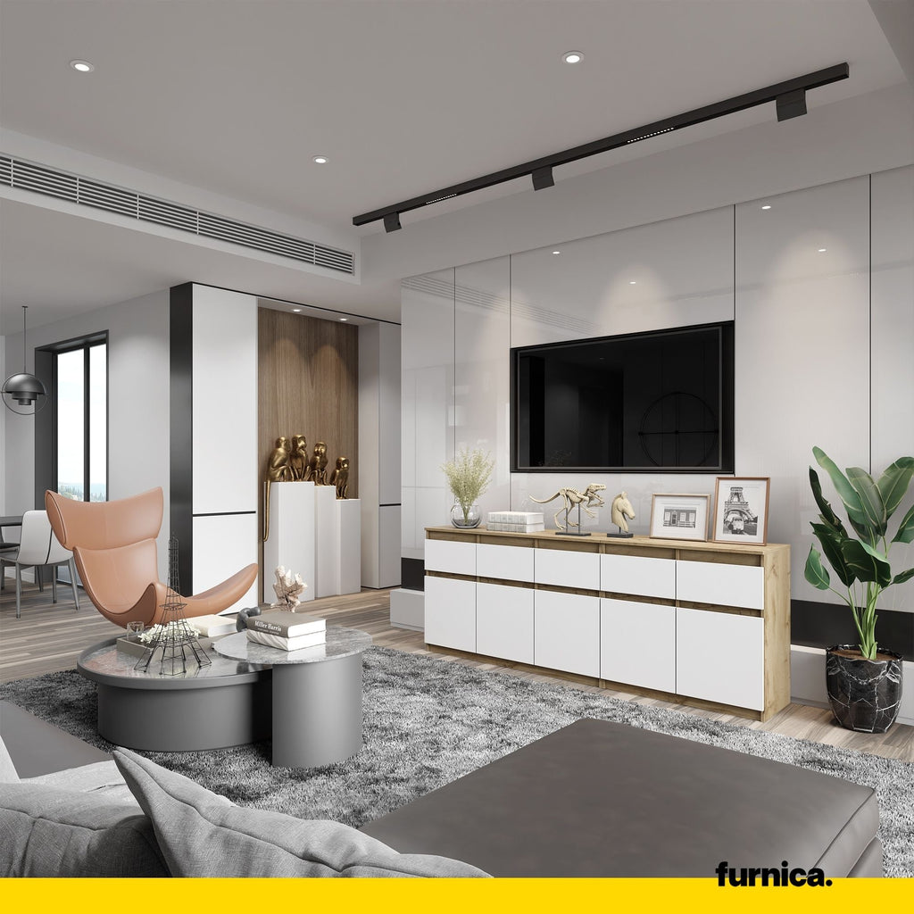 NOAH - Komoda se 5 šuplíky a 5 dveřmi - Skříň na uložení oblečení do ložnice - Wotan dub / bílý matný povrch - V: 75 cm, Š: 200 cm, H: 35 cm