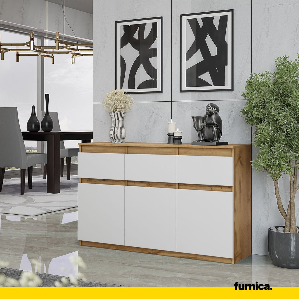 NOAH - Komoda se 3 šuplíky a 3 dveřmi - Skříň na uložení oblečení do ložnice - Wotan dub / bílý matný - Výška 75 cm, šířka 120 cm, hloubka 35 cm.