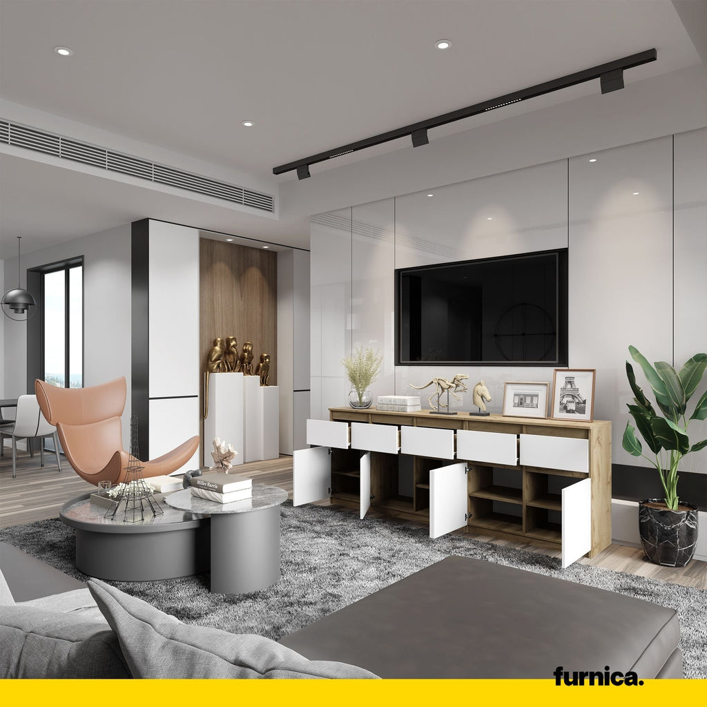 NOAH - Komoda se 5 šuplíky a 5 dveřmi - Skříň na uložení oblečení do ložnice - Wotan dub / bílý matný povrch - V: 75 cm, Š: 200 cm, H: 35 cm