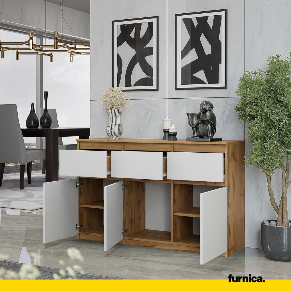 NOAH - Komoda se 3 šuplíky a 3 dveřmi - Skříň na uložení oblečení do ložnice - Wotan dub / bílý matný - Výška 75 cm, šířka 120 cm, hloubka 35 cm.