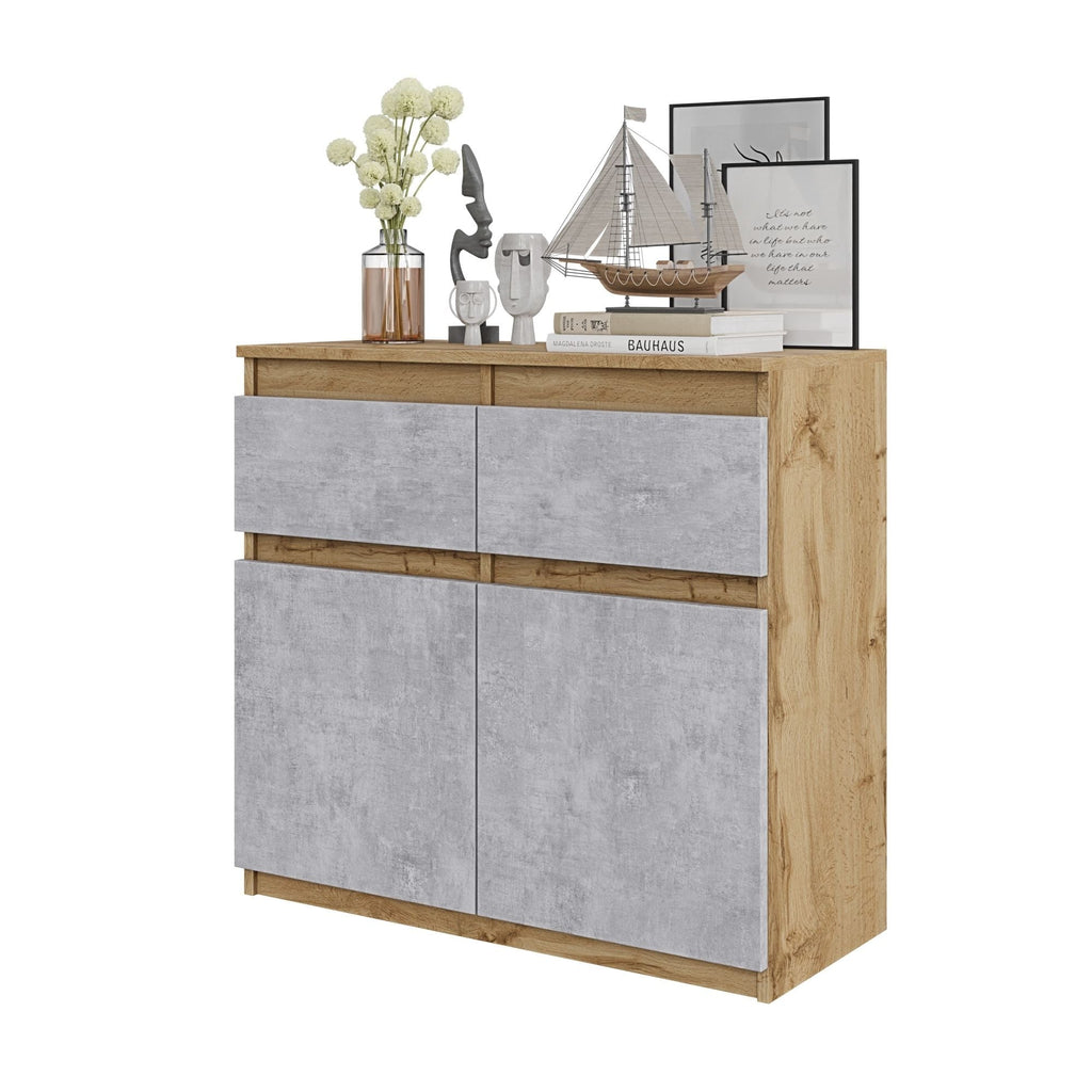 NOAH - Komoda se 2 šuplíky a 2 dveřmi - Skříň na uložení oblečení do ložnice - Wotan dub / beton - Výška 75 cm, šířka 80 cm, hloubka 35 cm.
