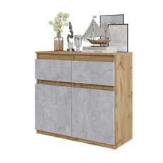 NOAH - Komoda se 2 šuplíky a 2 dveřmi - Skříň na uložení oblečení do ložnice - Wotan dub / beton - Výška 75 cm, šířka 80 cm, hloubka 35 cm.