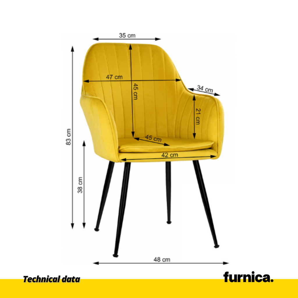AMEDEO - Potahovaná židlička do jídelny / kanceláře z plstěného sametu s černými chromovanými nohami - žlutá