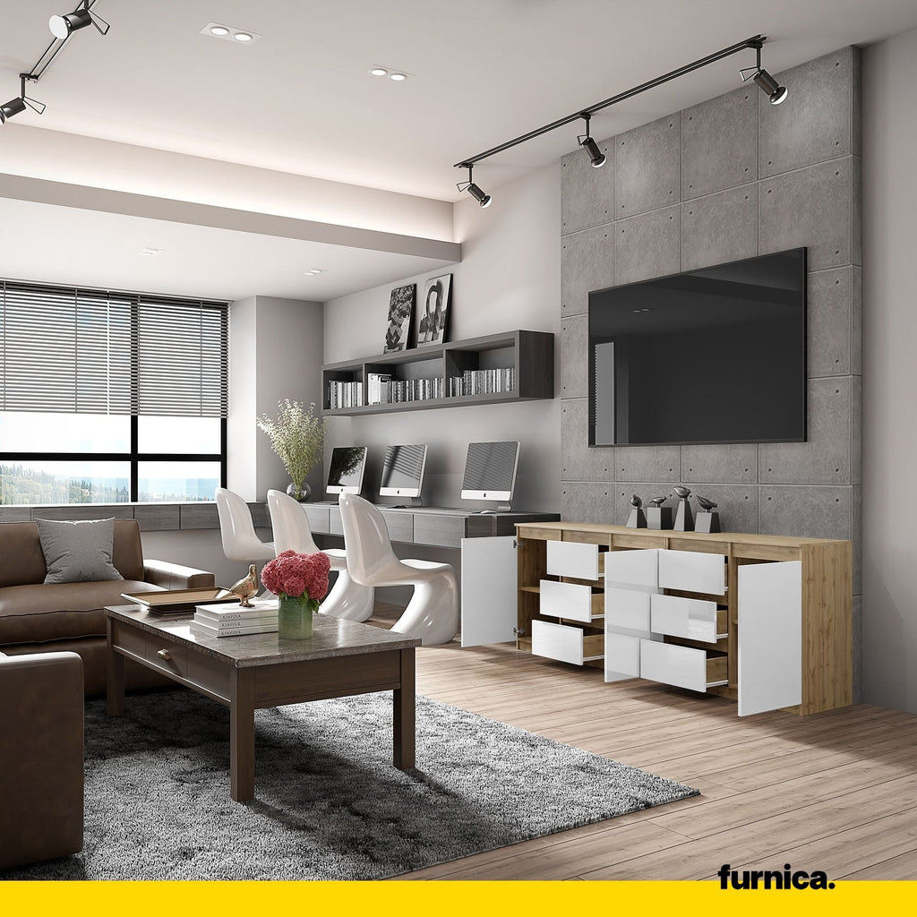 MIKEL - Komoda se 6 šuplíky a 3 dveřmi - Skříň na oblečení do ložnice - Wotan dub / Bílý lesk - Výška 75 cm, šířka 200 cm, hloubka 35 cm.