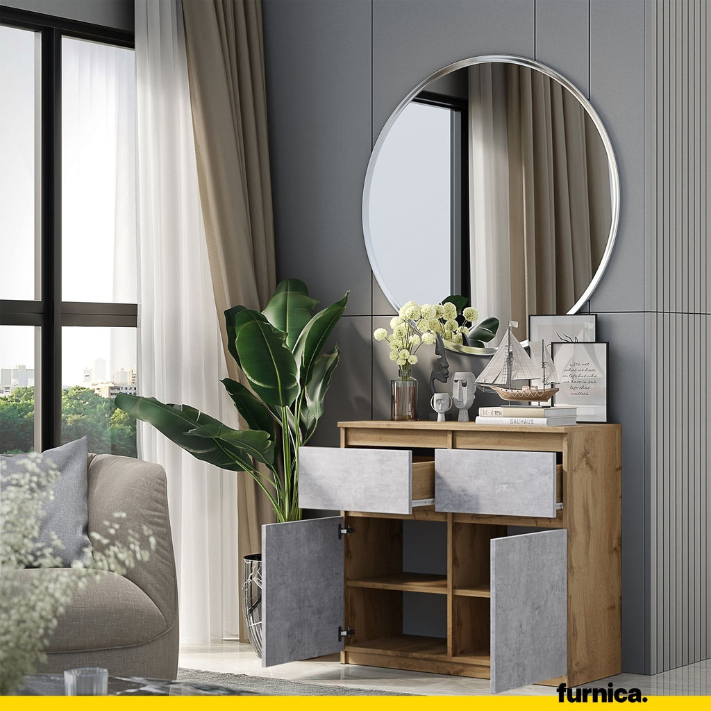 NOAH - Komoda se 2 šuplíky a 2 dveřmi - Skříň na uložení oblečení do ložnice - Wotan dub / beton - Výška 75 cm, šířka 80 cm, hloubka 35 cm.