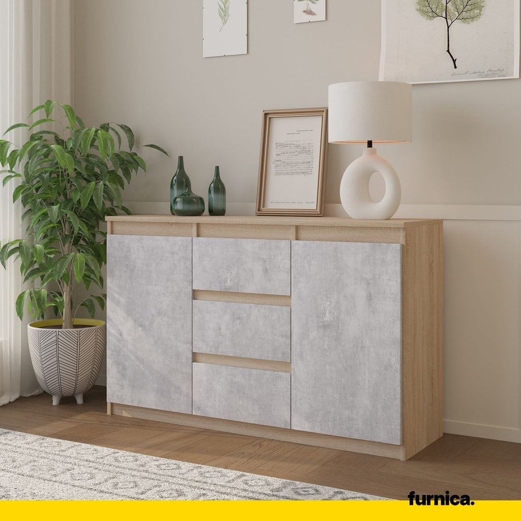 MIKEL - Komoda se 3 šuplíky a 2 dveřmi - Skříň na oblečení do ložnice - Sonoma dub / beton - Výška 75 cm, šířka 120 cm, hloubka 35 cm.