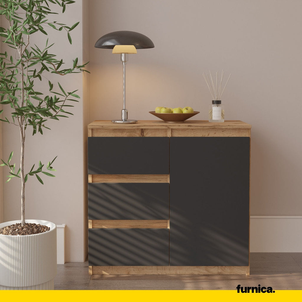 MIKEL - Komoda se 3 šuplíky a 1 dveřmi - Skříň na oblečení do ložnice - Wotan dub / antracit H75cm W80cm D35cm