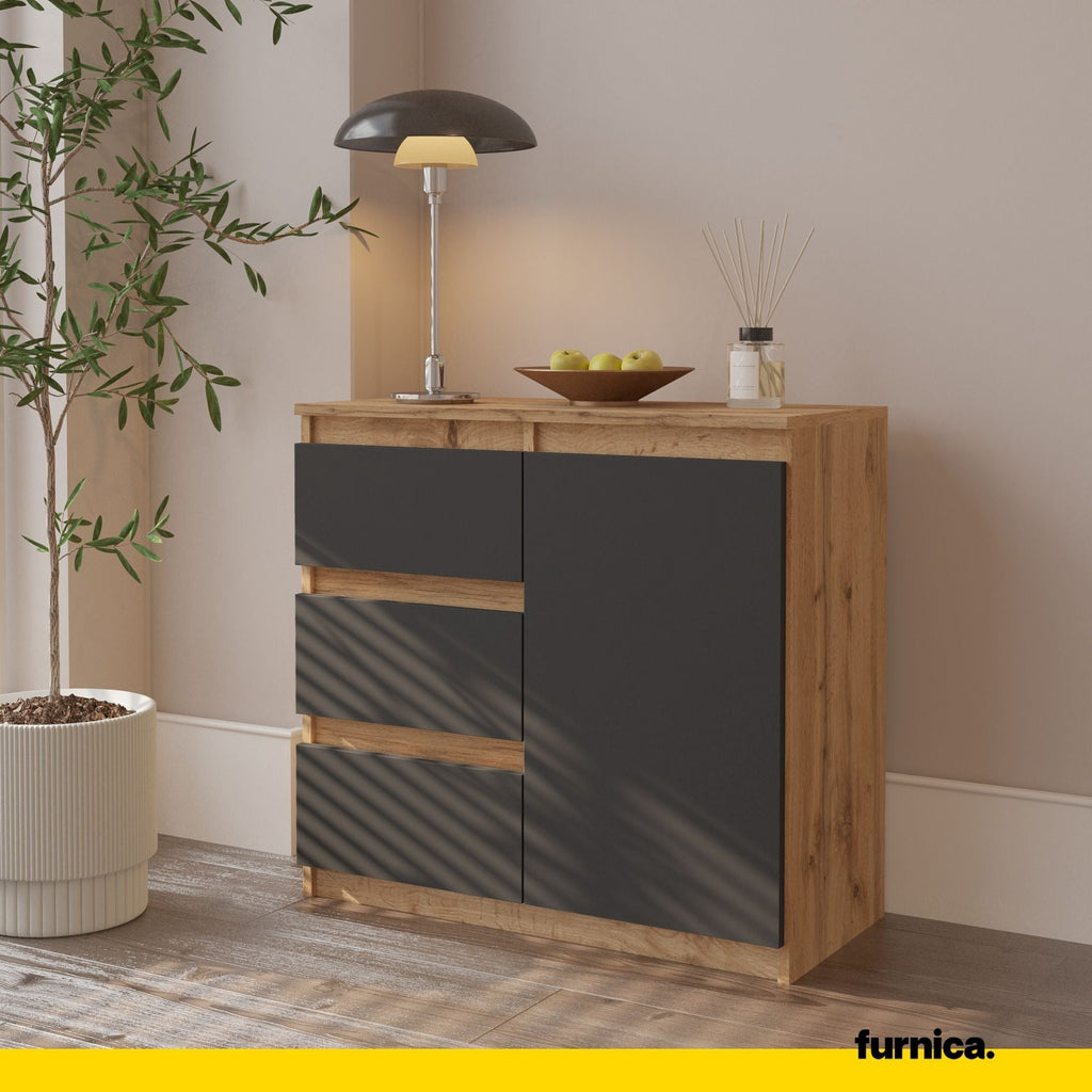 MIKEL - Komoda se 3 šuplíky a 1 dveřmi - Skříň na oblečení do ložnice - Wotan dub / antracit H75cm W80cm D35cm
