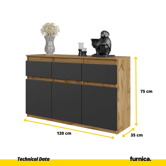 NOAH - Komoda se 3 šuplíky a 3 dveřmi - Skříň na uložení oblečení do ložnice - Wotan dub / antracit H75cm W120cm D35cm
