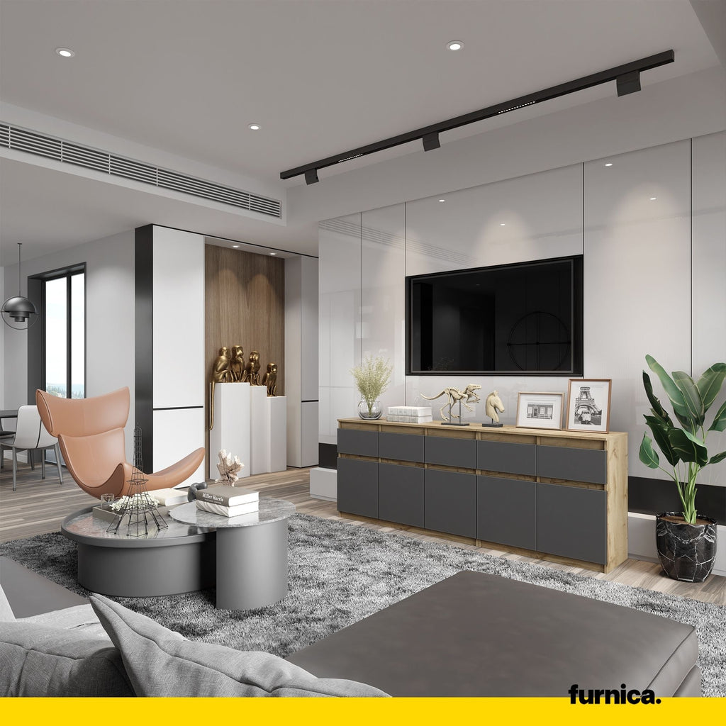 NOAH - Komoda se 5 šuplíky a 5 dveřmi - Skříň na uložení oblečení do ložnice - Wotan dub / antracit - V: 75 cm, Š: 200 cm, H: 35 cm