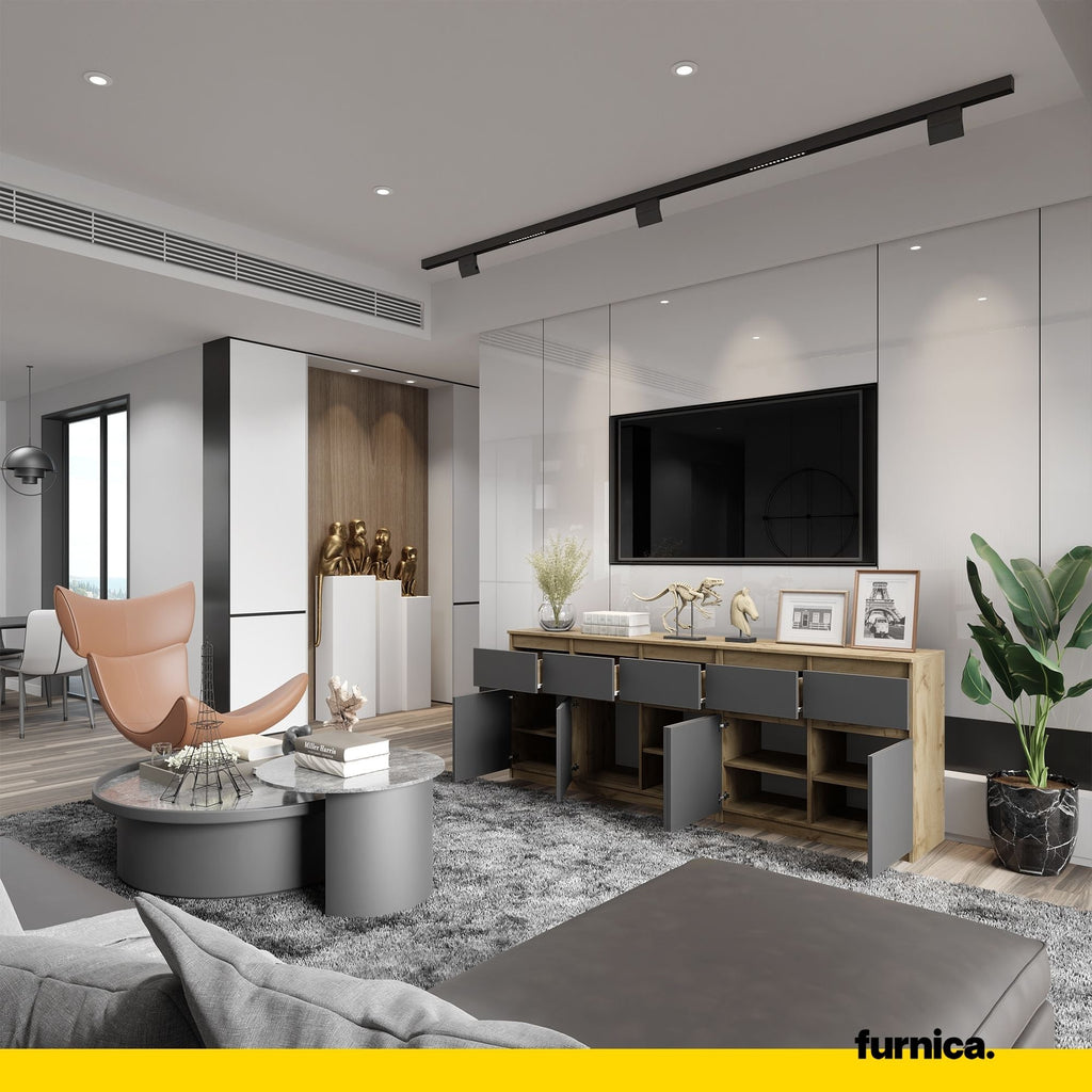 NOAH - Komoda se 5 šuplíky a 5 dveřmi - Skříň na uložení oblečení do ložnice - Wotan dub / antracit - V: 75 cm, Š: 200 cm, H: 35 cm