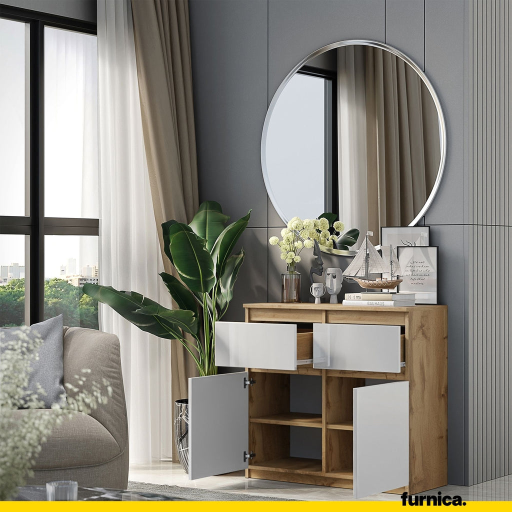 NOAH - Komoda se 2 šuplíky a 2 dveřmi - Skříň na uložení oblečení do ložnice - Wotan dub / Bílý lesk - Výška 75 cm, šířka 80 cm, hloubka 35 cm.