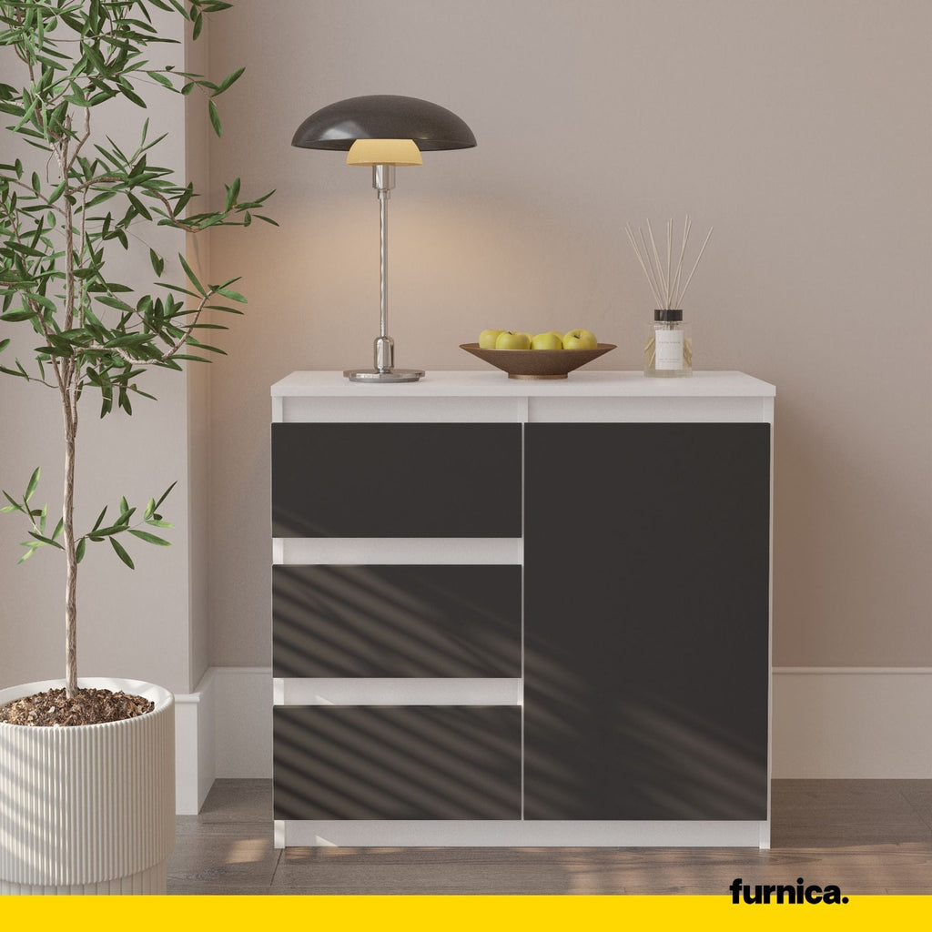 MIKEL - Komoda se 3 šuplíky a 1 dveřmi - Skříň na uložení oblečení do ložnice - Bílá matná / Antracitová - Výška 75 cm, šířka 80 cm, hloubka 35 cm.