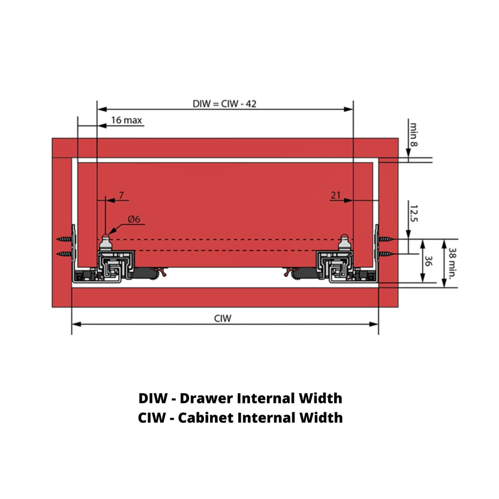 Skryté zavírání zásuvkových lišt s plným výsuvem - 250 mm