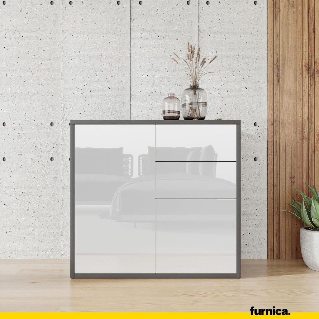 CAMILLE - Skříň s dvěma dveřmi a dvěma šuplíky s funkcí push to open - antracit / bílý lesk H74cm W80cm D36cm