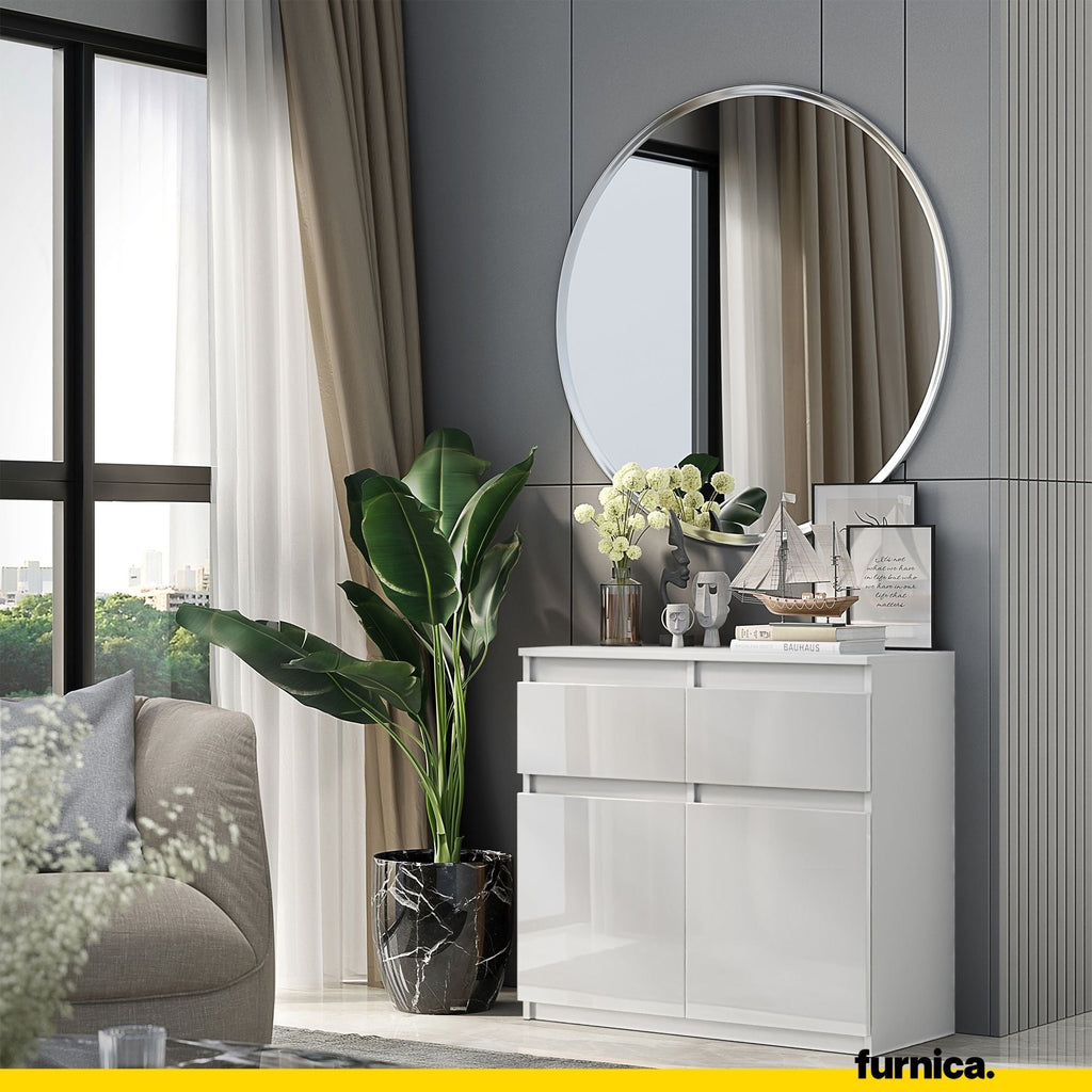 NOAH - Komoda se 2 šuplíky a 2 dveřmi - Skříň na uložení oblečení do ložnice - Bílý mat / Bílý lesk - Výška 75 cm, šířka 80 cm, hloubka 35 cm.