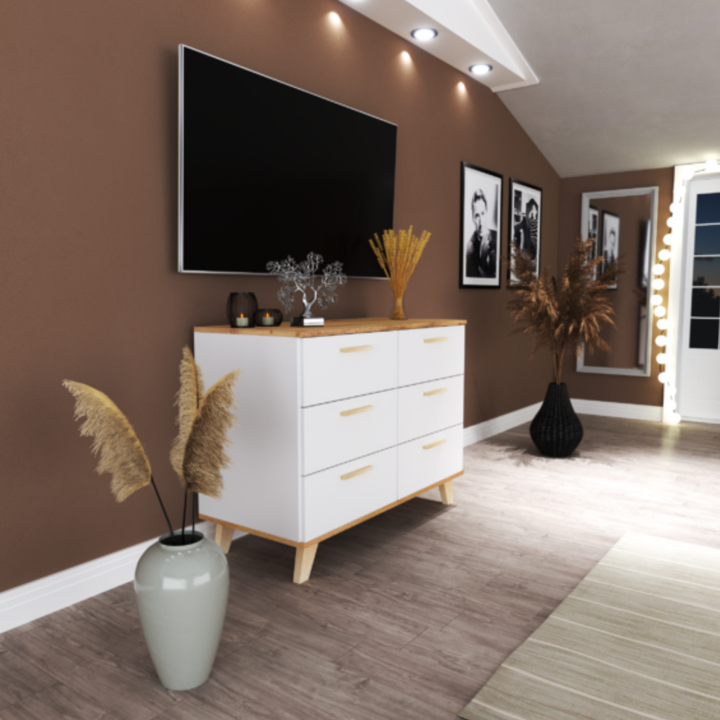 INGRID - Skandinávská komoda se 6 šuplíky - bílý mat / Wotan dub H75cm W100cm D45cm