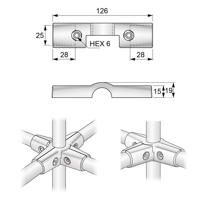 25mm poloviční křížový konektor, chrom