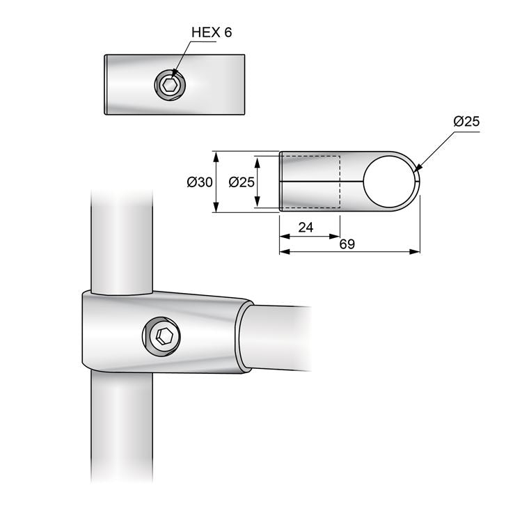 25mm jednoramenný konektor, chrom