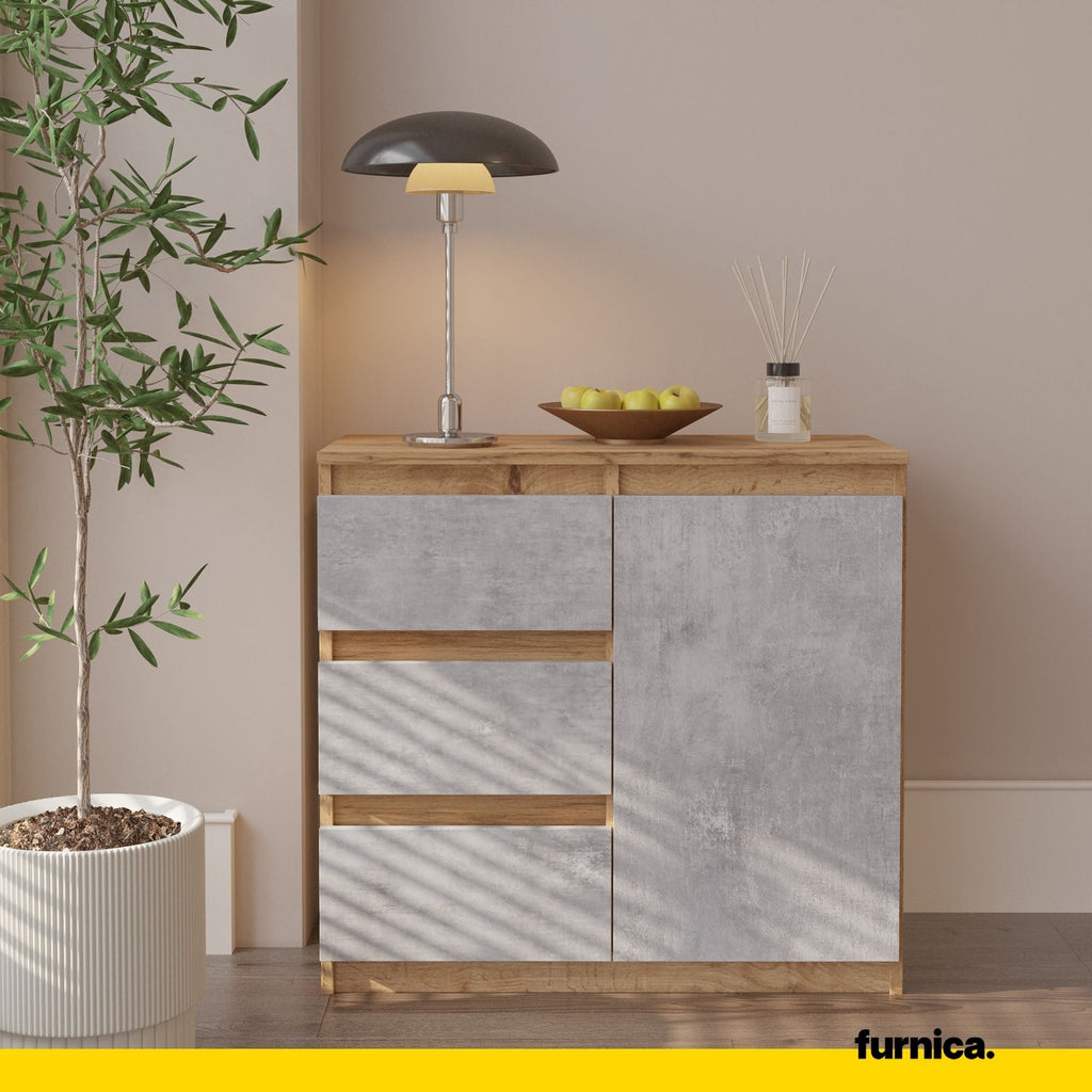 MIKEL - Komoda se 3 šuplíky a 1 dveřmi - Skříň na oblečení do ložnice - Wotan dub / beton - Výška 75 cm, šířka 80 cm, hloubka 35 cm.