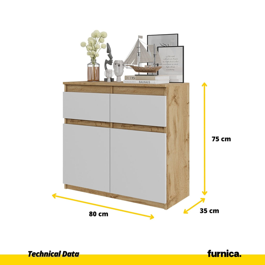 NOAH - Komoda se 2 šuplíky a 2 dveřmi - Skříň na uložení oblečení do ložnice - Wotan dub / Bílý mat - Výška 75 cm, šířka 80 cm, hloubka 35 cm.