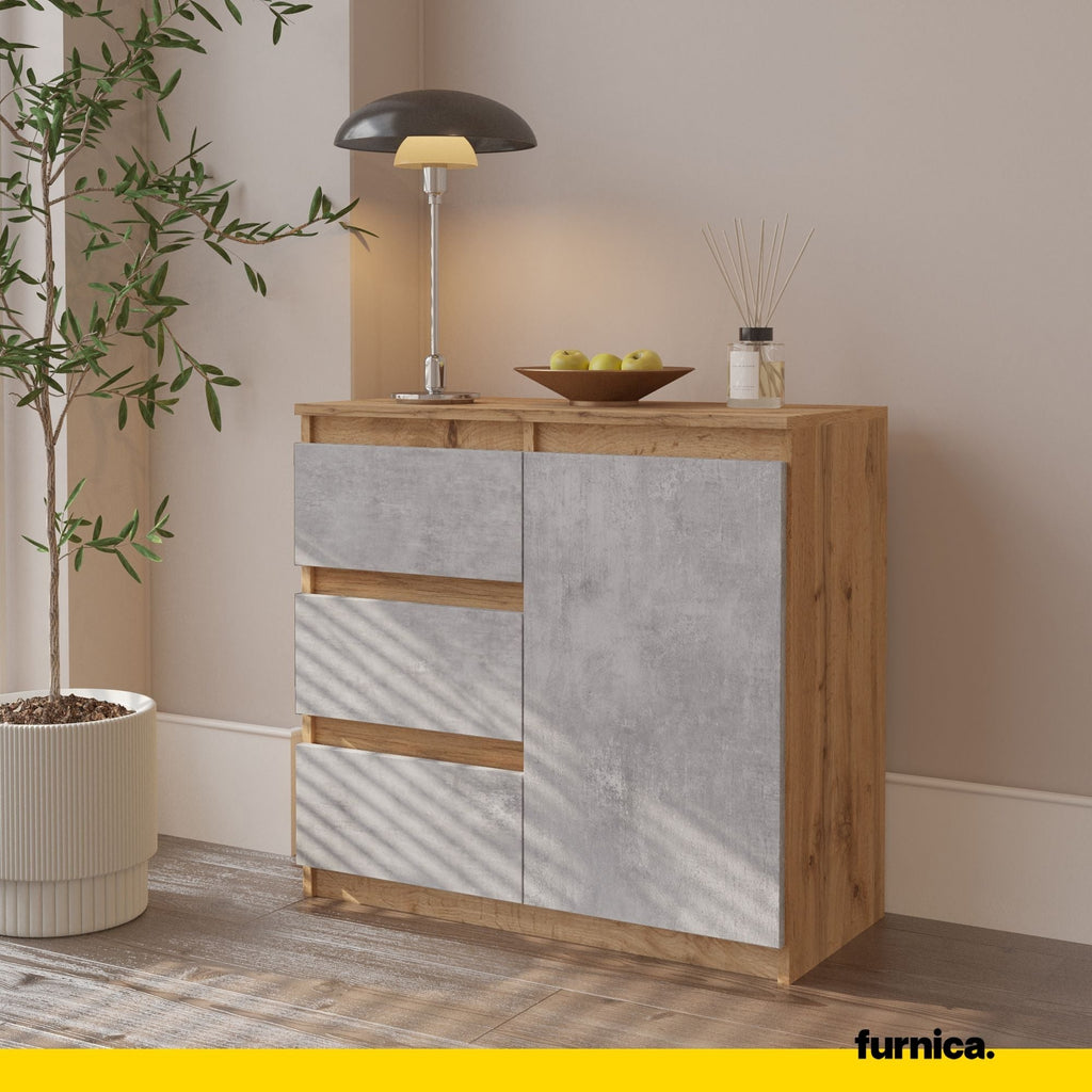 MIKEL - Komoda se 3 šuplíky a 1 dveřmi - Skříň na oblečení do ložnice - Wotan dub / beton - Výška 75 cm, šířka 80 cm, hloubka 35 cm.