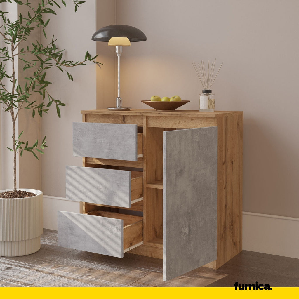 MIKEL - Komoda se 3 šuplíky a 1 dveřmi - Skříň na oblečení do ložnice - Wotan dub / beton - Výška 75 cm, šířka 80 cm, hloubka 35 cm.