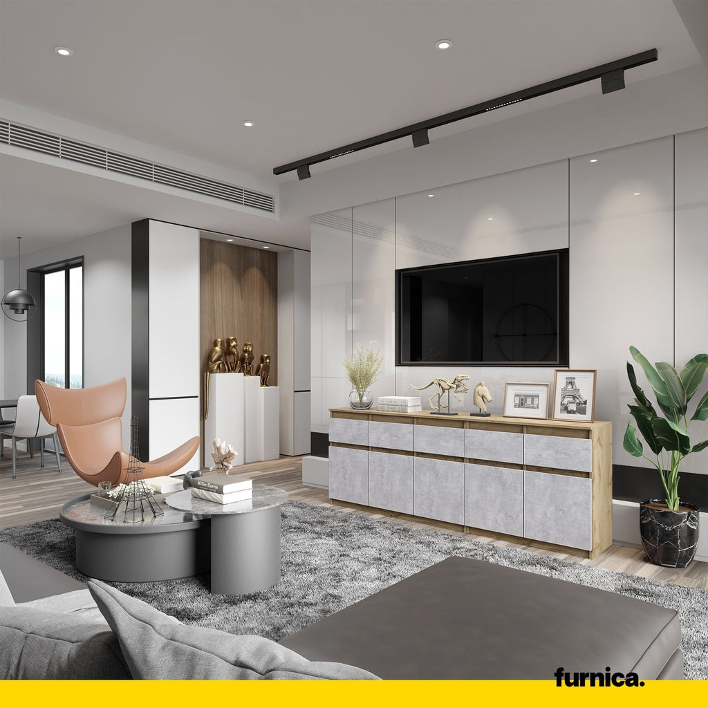 NOAH - Komoda se 5 šuplíky a 5 dveřmi - Skříň na uložení oblečení do ložnice - Wotan dub / beton - V: 75 cm, Š: 200 cm, H: 35 cm