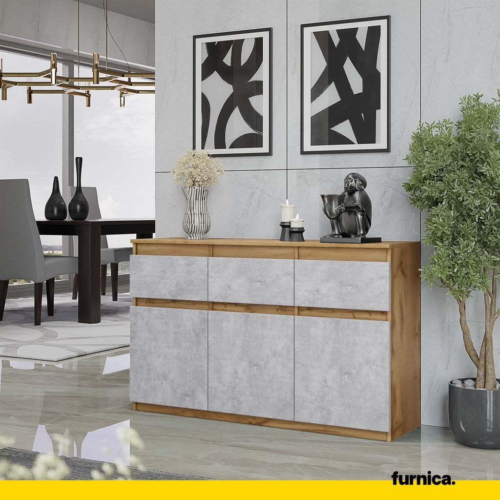 NOAH - Komoda se 3 šuplíky a 3 dveřmi - Skříň na uložení oblečení do ložnice - Wotan dub / beton - Výška 75 cm, šířka 120 cm, hloubka 35 cm.