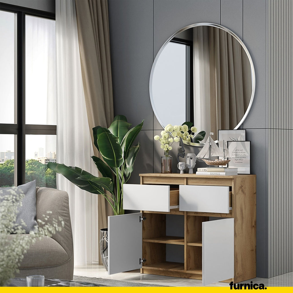 NOAH - Komoda se 2 šuplíky a 2 dveřmi - Skříň na uložení oblečení do ložnice - Wotan dub / Bílý mat - Výška 75 cm, šířka 80 cm, hloubka 35 cm.