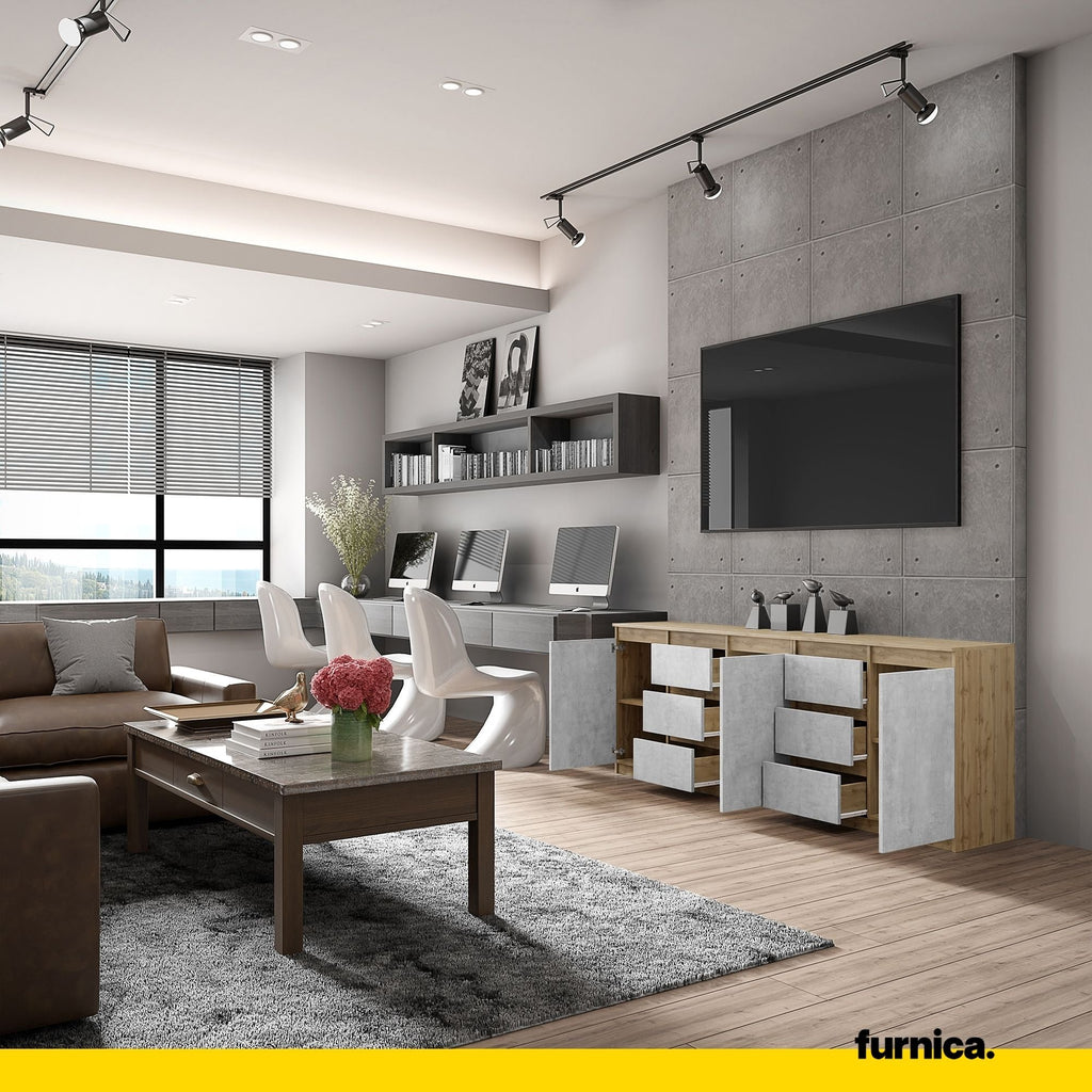 MIKEL - Komoda se 6 šuplíky a 3 dveřmi - Skříň na oblečení do ložnice - Wotan dub / beton - V: 75 cm, Š: 200 cm, H: 35 cm