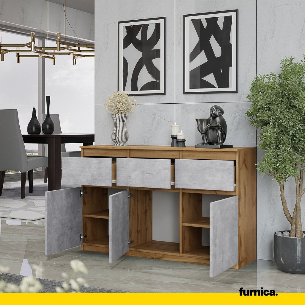 NOAH - Komoda se 3 šuplíky a 3 dveřmi - Skříň na uložení oblečení do ložnice - Wotan dub / beton - Výška 75 cm, šířka 120 cm, hloubka 35 cm.