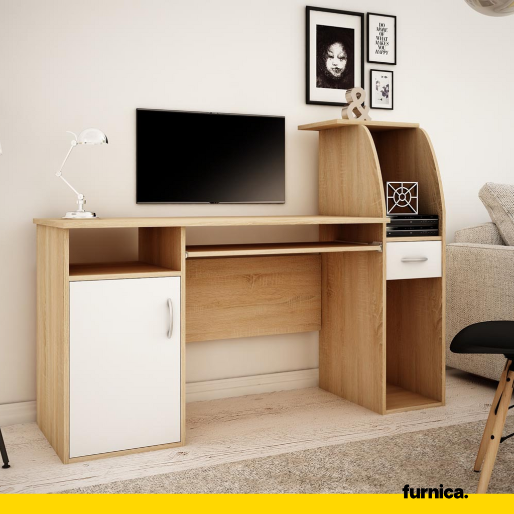 ROBIN - Počítačový stůl s 1 šuplíkem a 1 dveřmi a výsuvnou klávesnicí - Sonoma dub / bílý matný H112cm W150cm D50cm