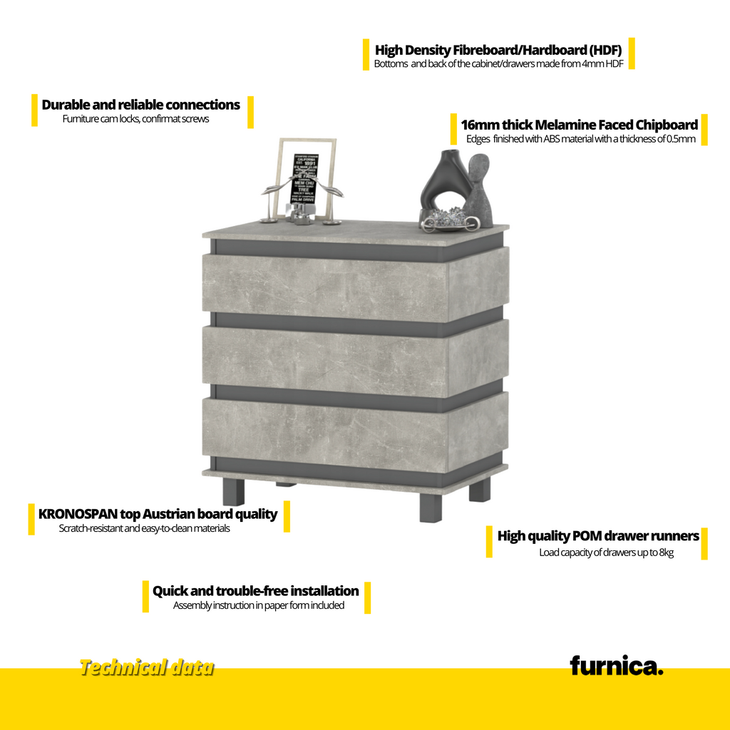 MARGARET - Komoda se 3 zásuvkami - Skříň na oblečení do ložnice - Anthracit / Beton - V: 86 cm, Š: 83 cm, H: 44 cm