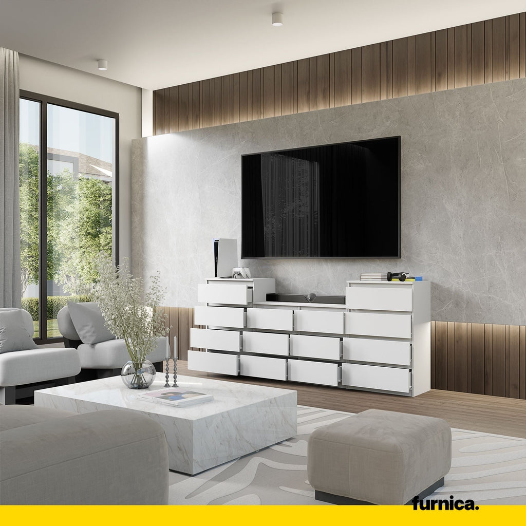 GABRIEL - Komoda se 14 šuplíky (4+6+4) - Skříň na oblečení do ložnice - Bílá matná - Výška 92 cm, šířka 220 cm, hloubka 33 cm.