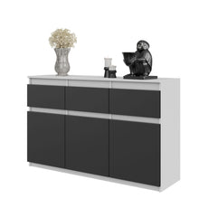 NOAH - Komoda se 3 šuplíky a 3 dveřmi - Skříň na uložení oblečení do ložnice - Bílý mat / Antracit H75cm W120cm D35cm