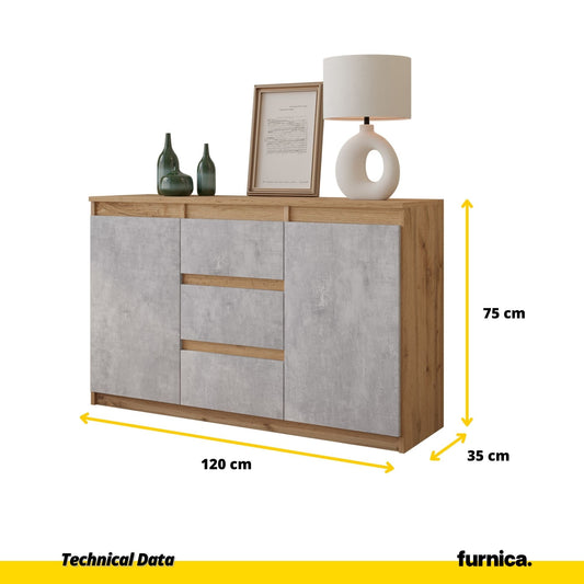 MIKEL - Komoda se 3 šuplíky a 2 dveřmi - Skříň na oblečení do ložnice - Skříň na uložení věcí - Wotan dub / beton - Výška 75 cm, šířka 120 cm, hloubka 35 cm.