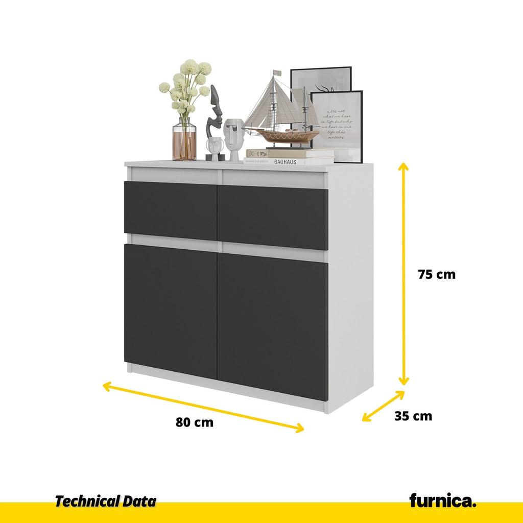 NOAH - Komoda se 2 šuplíky a 2 dveřmi - Skříň na uložení oblečení do ložnice - Bílý mat / Antracit H75cm W80cm D35cm