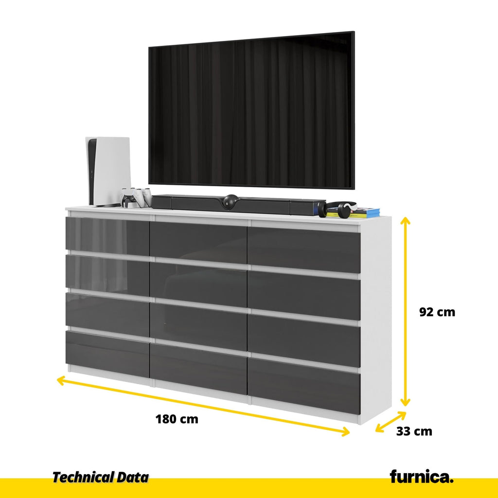 GABRIEL - Komoda se 12 šuplíky (8+4) - Skříň na oblečení do ložnice - Bílý mat / Antracitový lesk - Výška 92 cm, šířka 180 cm, hloubka 33 cm.
