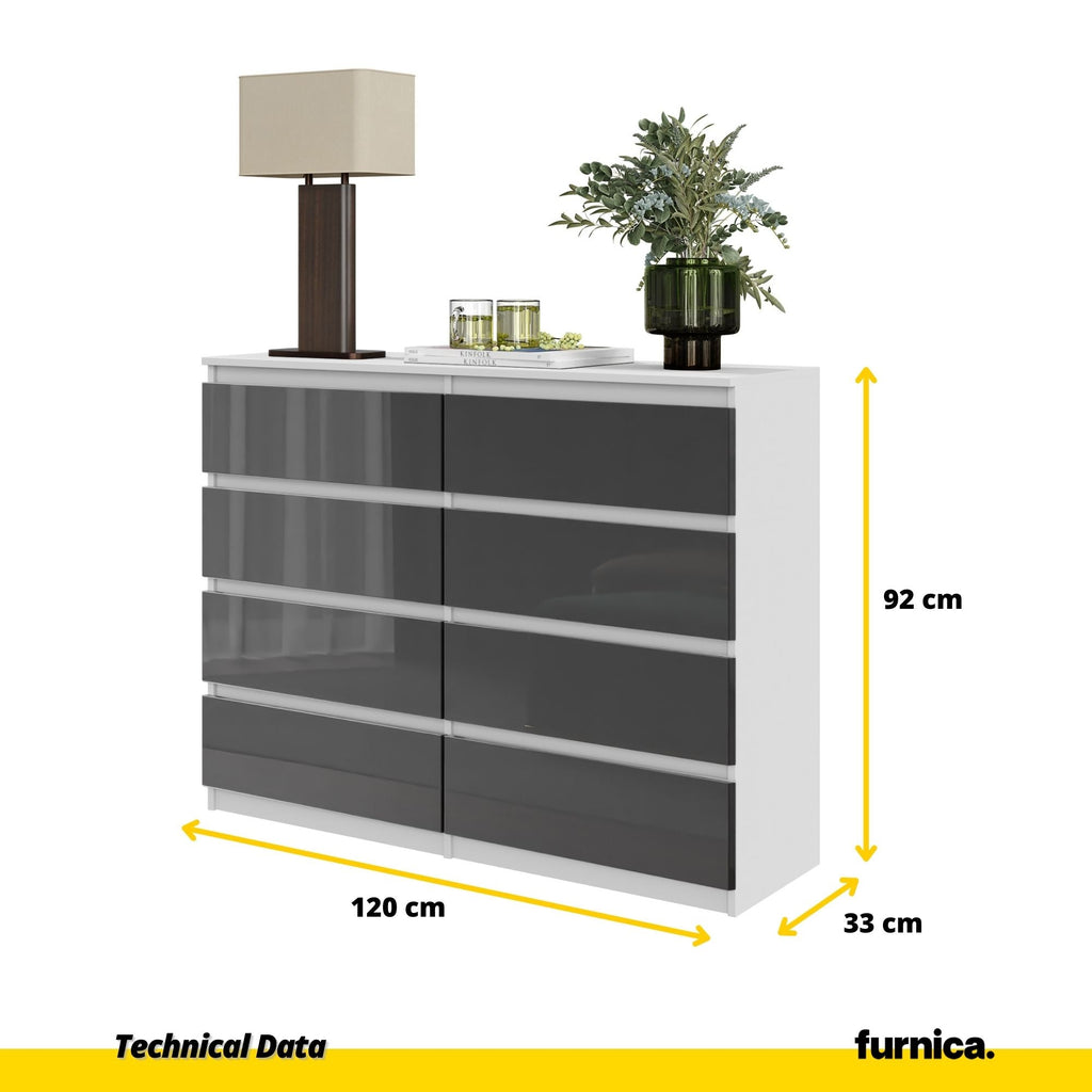 GABRIEL - Komoda se 8 šuplíky - Skříň na oblečení do ložnice - Bílý mat / Antracitový lesk - Výška 92 cm, šířka 120 cm, hloubka 33 cm.