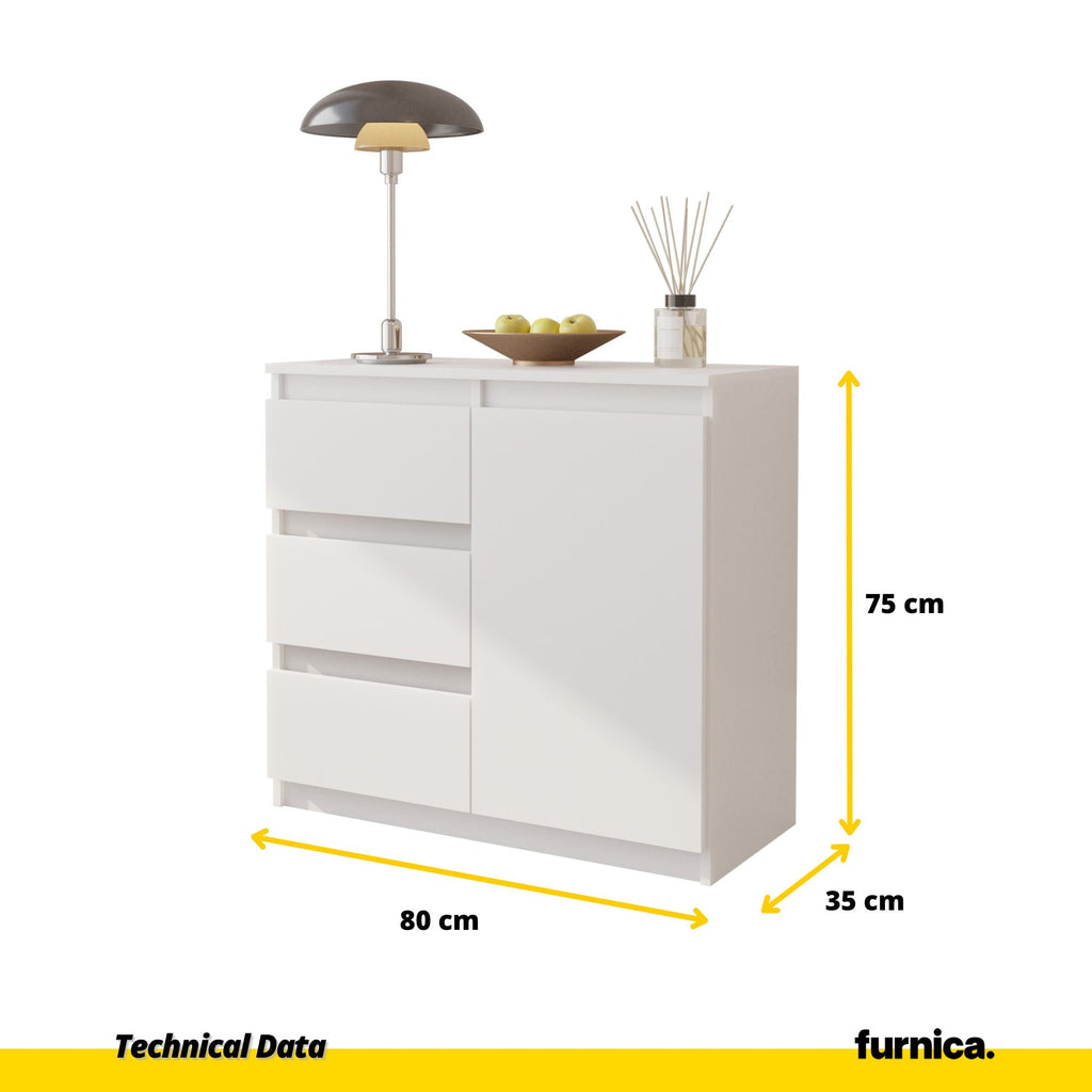 MIKEL - Komoda se 3 šuplíky a 1 dveřmi - Skříň na oblečení do ložnice - Bílá matná - Výška 75 cm, šířka 80 cm, hloubka 35 cm.