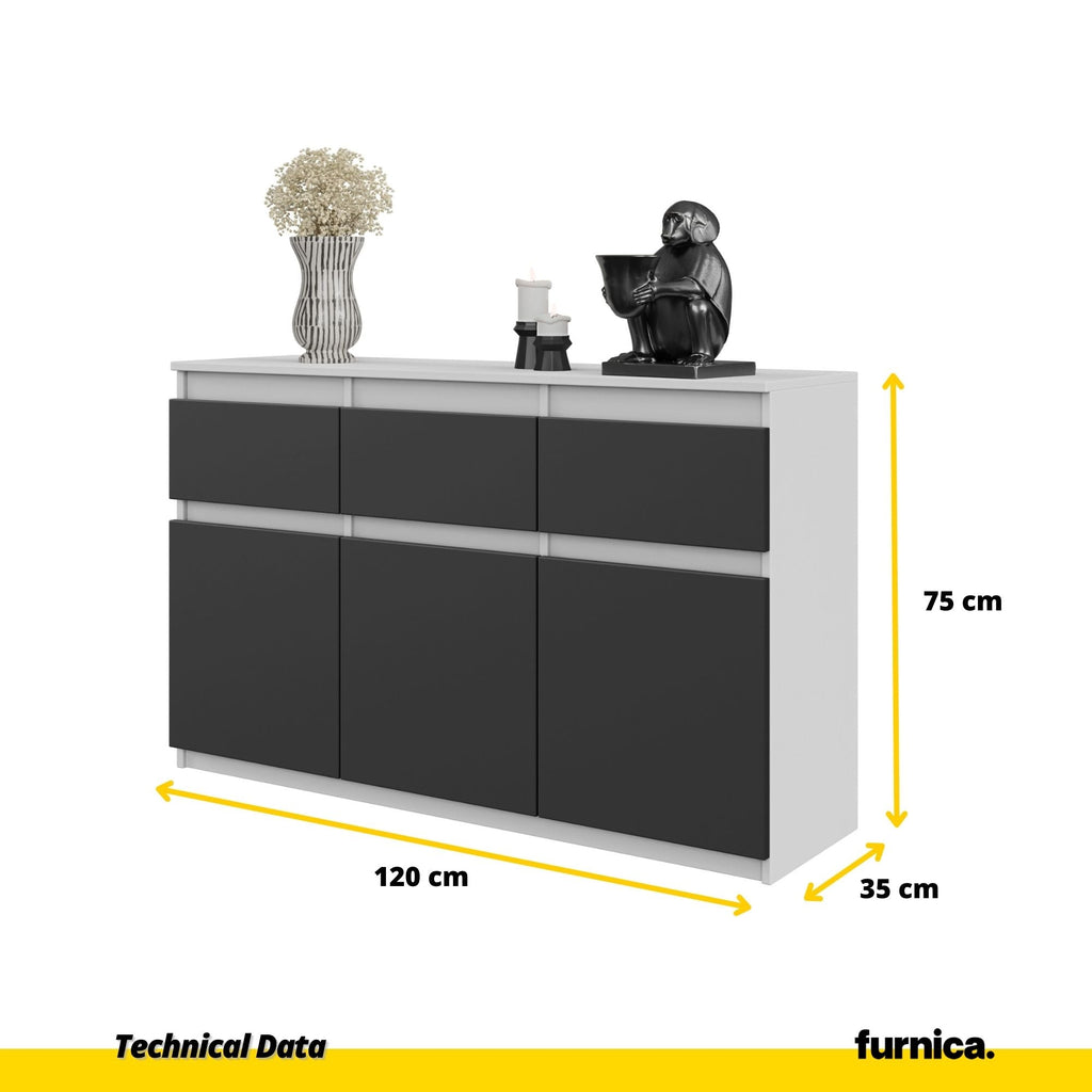 NOAH - Komoda se 3 šuplíky a 3 dveřmi - Skříň na uložení oblečení do ložnice - Bílý mat / Antracit H75cm W120cm D35cm
