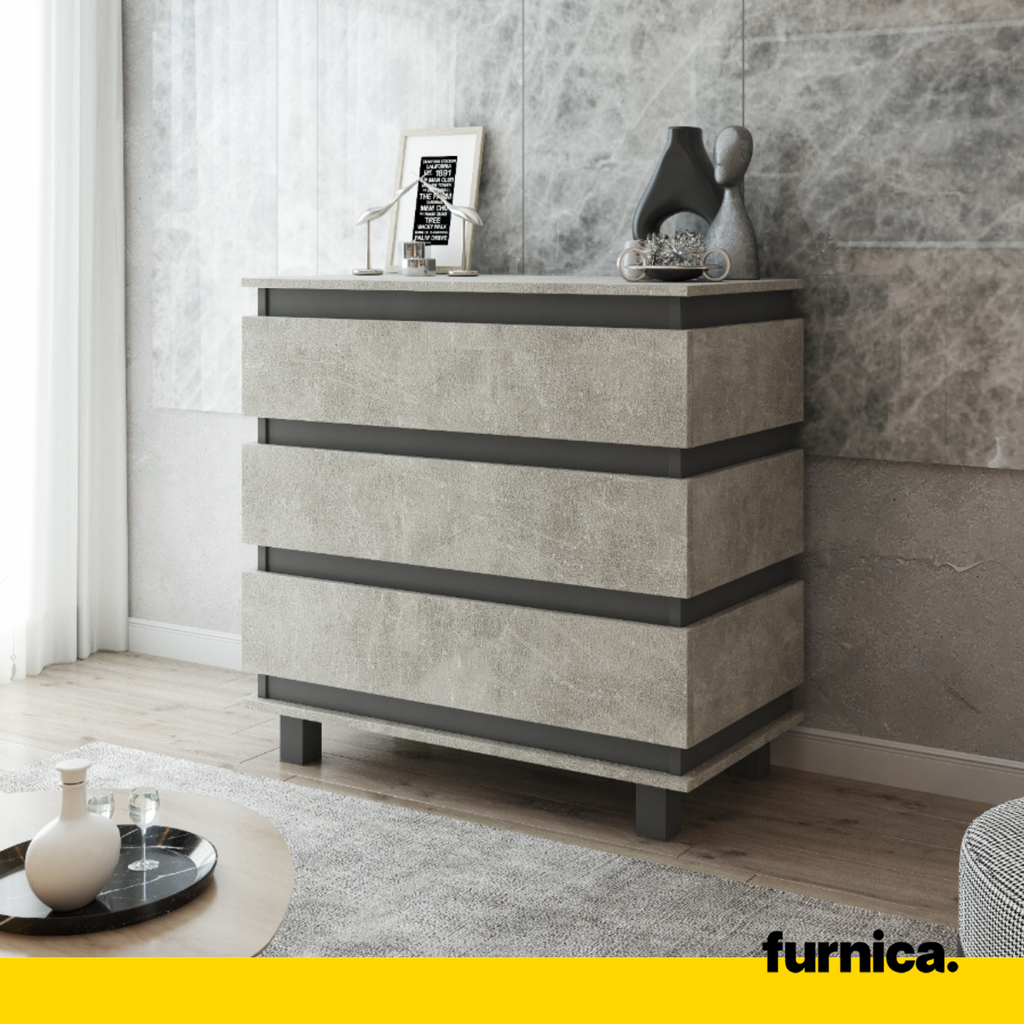 MARGARET - Komoda se 3 zásuvkami - Skříň na oblečení do ložnice - Anthracit / Beton - V: 86 cm, Š: 83 cm, H: 44 cm