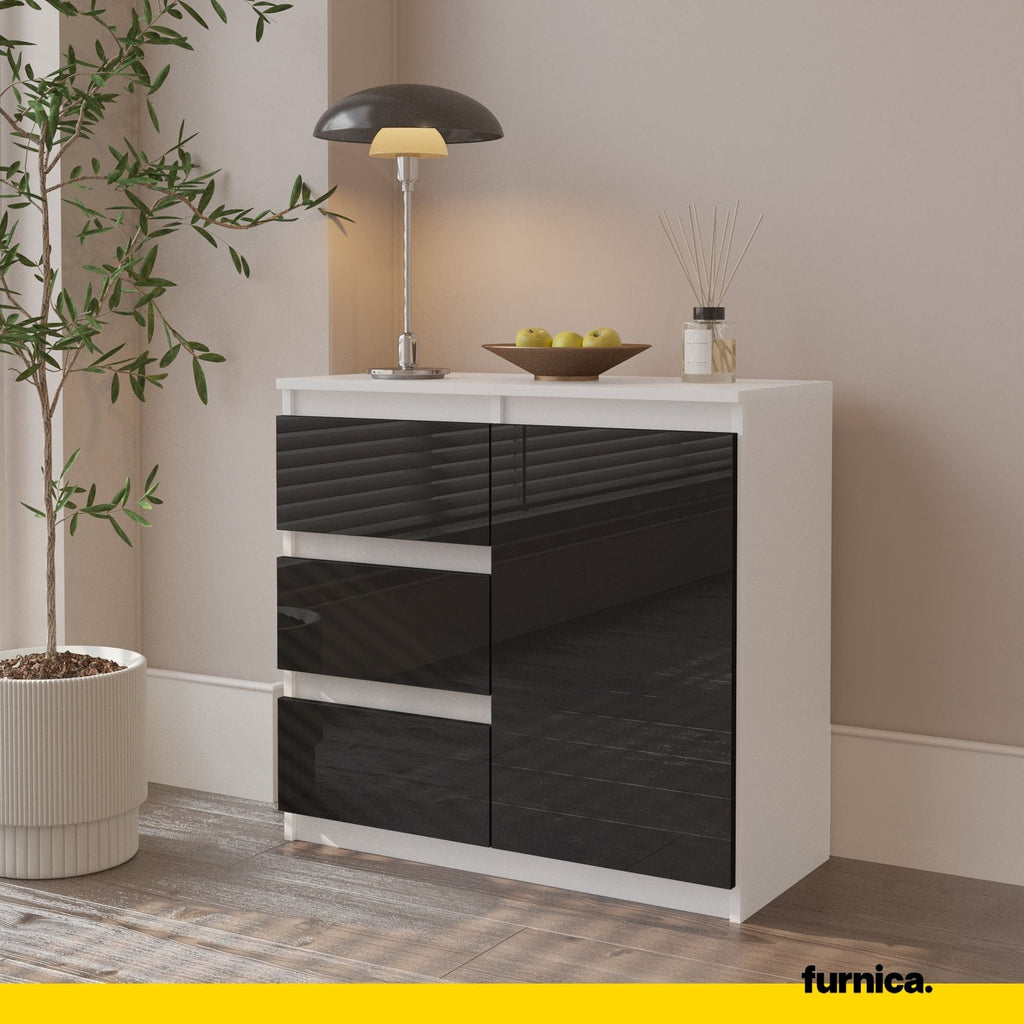 MIKEL - Komoda se 3 šuplíky a 1 dveřmi - Skříň na oblečení do ložnice - Bílý mat / Černý lesk - Výška 75 cm, šířka 80 cm, hloubka 35 cm.